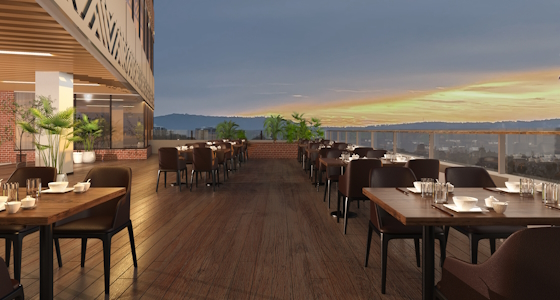Rooftop dining area with city views